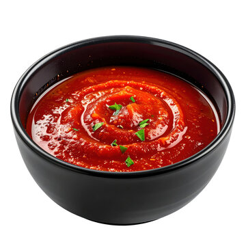 A serving of traditional chuchvara in a flavorful tomato sauce, arranged on a dark plate and isolated on a white background