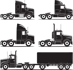 six black semi trucks on white background