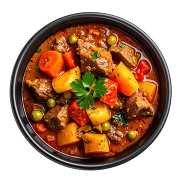 Aromatic dimlama stew with tender meat and root vegetables, steaming in a pot and isolated on white background for clarity