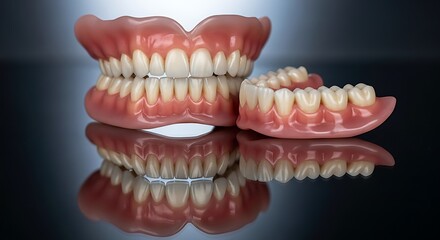 Realistic full upper and lower complete dentures display realistic artificial teeth set.