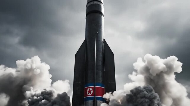 A powerful et adorned with the flag of North Korea launches into a cloudy sky
