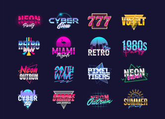 Set of retro futuristic logos in Retro Neon 80s style. Vaporwave and synthwave logo designs for night club, casino, music album, party invitation, t shirt print. Vector illustration.
