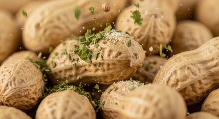 Fototapeta premium Close-up of Freshly Harvested Peanuts with Herbs.