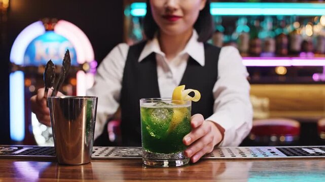 Asian female bartender pours green cocktail into glass at bar