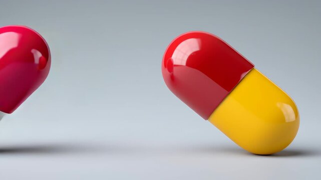 Colorful capsules collide in a burst of energy, showcasing a vibrant red capsule filled with multicolored pills and a solid yellow capsule, set against a smooth gray background