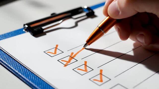 Close-Up View of a Blue-Bordered Clipboard Containing a Five-Item Checklist with Bright Orange Checkmarks