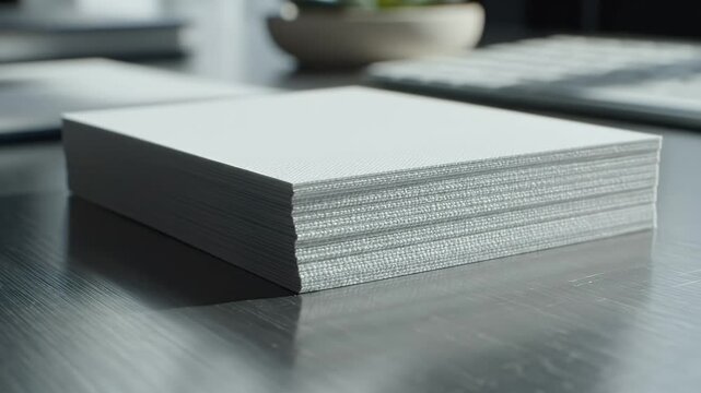 Close-Up View of a Thick Stack of Blank White Paper Pages Resting on a Smooth Desk Surface