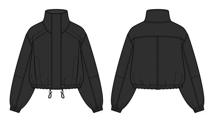 Performance Waterproof Anorak Jacket Technical Fashion Illustration. Lightweight Weatherproof Shell with Funnel Neck, Concealed Front Zip, Storm Placket and Adjustable Drawcord Hem. Front and Back CAD © aiven studio