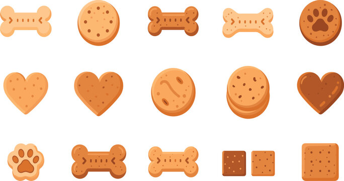 Cute Dog Treat and Biscuit Illustration Set with Bone, Paw, Heart, and Cookie Shapes for Pet Food Designs, Stickers, and Packaging