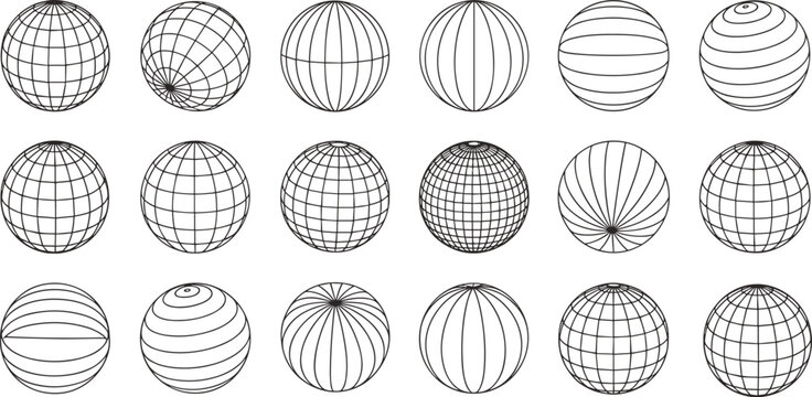 Wireframe globe sphere collection illustration, geometric grid world shapes set, minimalist vector 3D design elements
