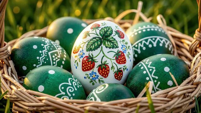 Colorful Easter Egg Basket Featuring a Strawberry-Patterned White Egg Among Decorated Green Eggs