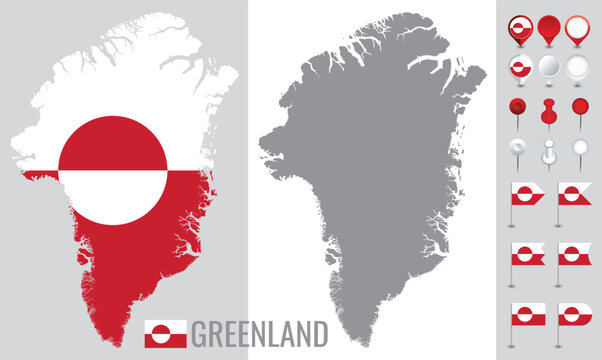 Vector map of Greenland with flag, globe and icons on white background and territorial outline