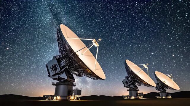 Large Satellite Dish Array Tracking Under Starry Milky Way Night Sky