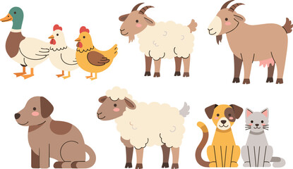 Fototapeta premium Cute Farm Animal Illustration Set with Duck, Chicken, Sheep, Goat, Dog, and Cat Characters in Friendly Cartoon Style for Kids Designs