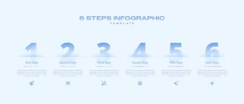 Light Blue Tech Infographic Template with Icons and Gradient Diagram, 6 Step Vector Workflow Layout for Presentations, Banners, Flowcharts, Business Reports, UI Design Assets, Modern Digital Style Pac