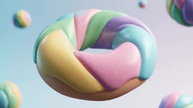 Rainbow-colored donut with vibrant icing floating in a whimsical pastel