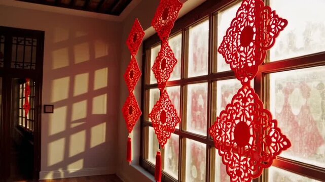 Red Paper Decorations for Tet Hanging on Window
