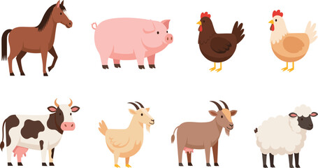 Fototapeta premium Cute Farm Animal Illustration Set with Horse, Pig, Chicken, Cow, Goat, and Sheep Characters in Friendly Cartoon Style