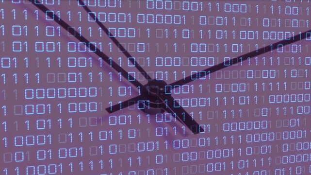 Playback starting, ceiling fan blades rotating across blue binary grid, showing data flow