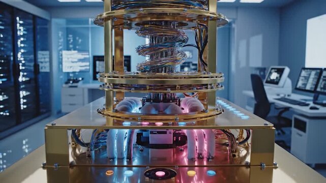 Advanced quantum comg machine with glowing elements in a modern lab