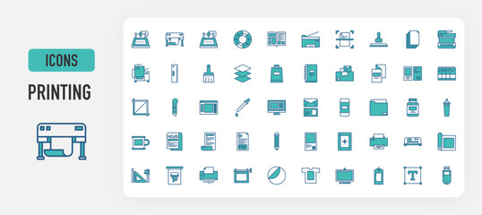 Printing icon vector. Plotter, Cnc Machine, 3d Printing, Color Balance, Magazines, Copy Machine, Stamp, Document, Printer Machine, Printing, Multifunction, Scanner, Rulers, Paint Brush illustration. 