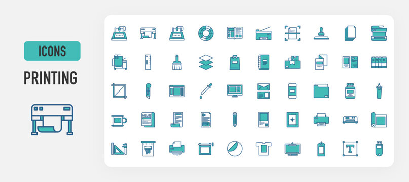 Printing icon vector. Plotter, Cnc Machine, 3d Printing, Color Balance, Magazines, Copy Machine, Stamp, Document, Printer Machine, Printing, Multifunction, Scanner, Rulers, Paint Brush illustration. 