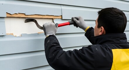 Man Removing Damaged Vinyl Siding From Gray House Exterior Using Red Pry Bar
