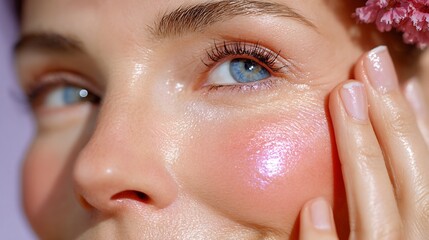 Woman applying highlighter on cheek