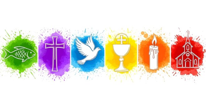 Christian symbols on colorful watercolor splashes isolated on white background