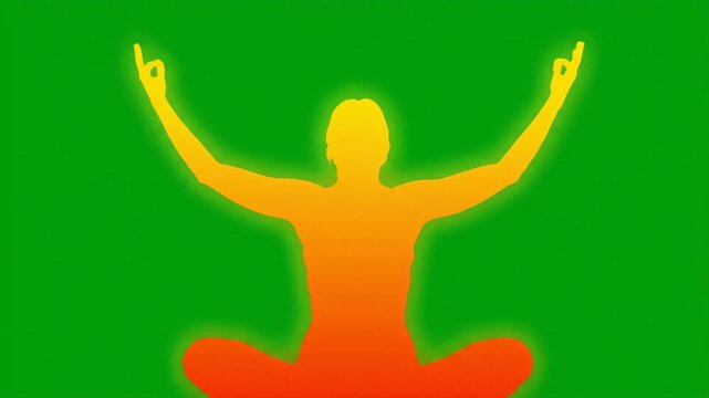 A Glowing Silhouette of a Person Meditating with Raised Arms in a Yoga Pose on a Bright Green Background