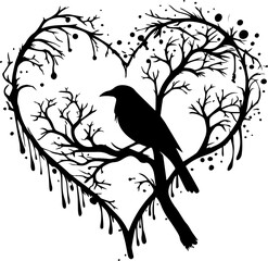 Naklejka premium Raven Silhouette in Grunge Heart Frame of Spooky Bare Branches Vector