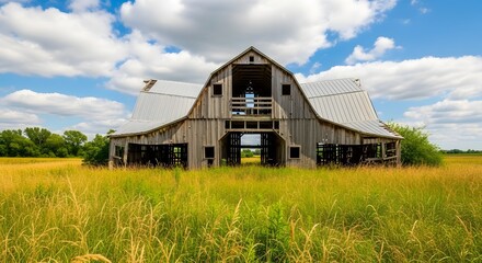 Obraz premium Old Weathered Barn Standing in Tall Golden Grass Under Blue Sky weathered wood