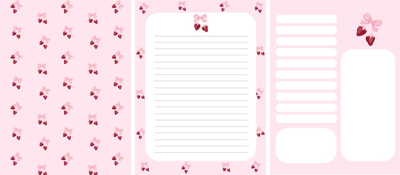 Cute pink planner and stationary layout with bow and strawberry motifs. Feminine pastel design featiring lined notes, checklist sections, and decorative panels