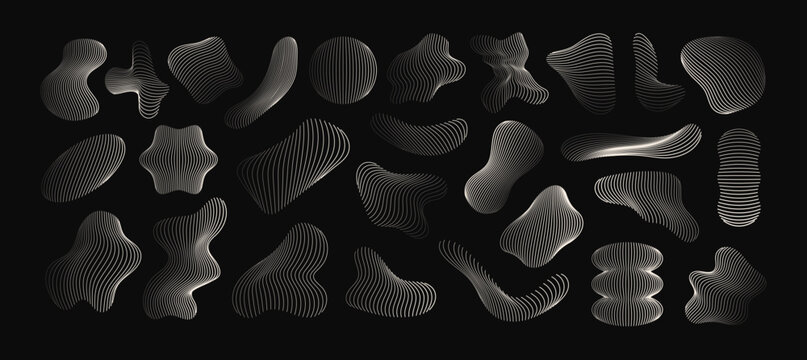 Abstract wavy line shapes set modern organic stripe vector elements on black background