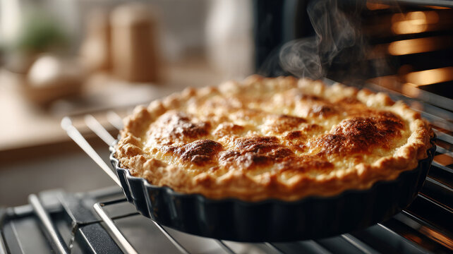 Baked cheese quiche on oven rack fresh out of the oven