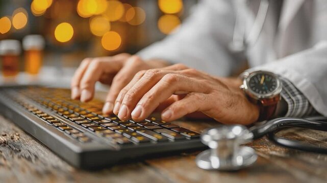 Healthcare Data Entry: A close-up view of a doctor's hands typing on a keyboard, with medical instruments subtly placed nearby.