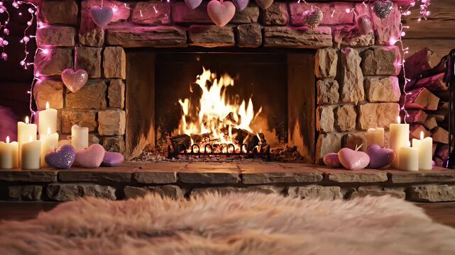 Cozy Living Room Scene Featuring a Glowing Stone Fireplace, Pink Fairy Lights, Candles, and a Plush Fur Rug