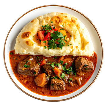 Golden brown boorsok pastries alongside a hearty meat stew, professionally photographed and isolated on white background for a stock photo