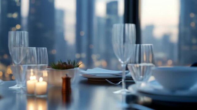 Elegant table setting for two, bathed in soft candlelight, with a breathtaking cityscape view