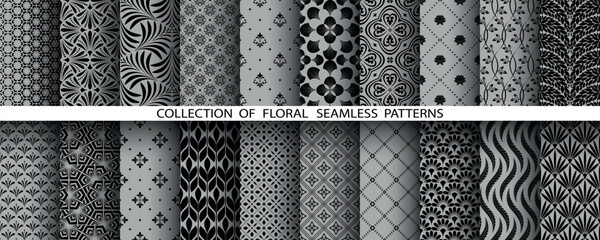 Geometric floral set of seamless patterns. Gray and black vector backgrounds. Damask graphic ornaments