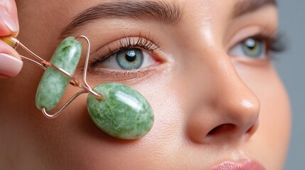 Woman Using Jade Roller on Face for Skincare Routine