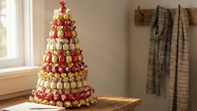 candy tree - A decorative holiday tree made of colorful candy arranged in a conical shape, set on a rustic wooden table by a window, surrounded by warm natural light