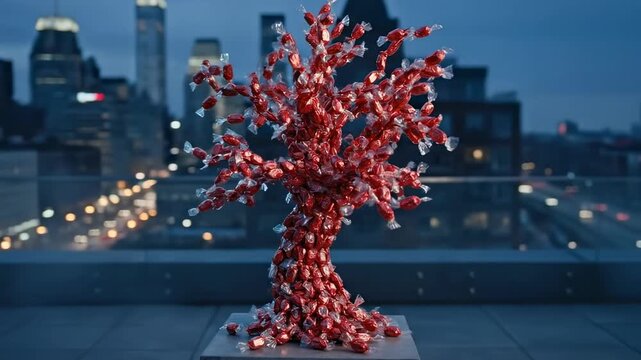 candy tree - A whimsical tree sculpture crafted from red and white candy wrappers, set against a twilight city skyline, highlighting urban creativity and playful artistry