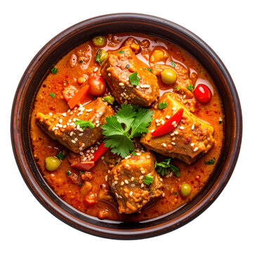 Overhead shot of kyrgyz lagman in a dark bowl, showcasing hand-pulled noodles, rich broth and fresh vegetable garnishes from above