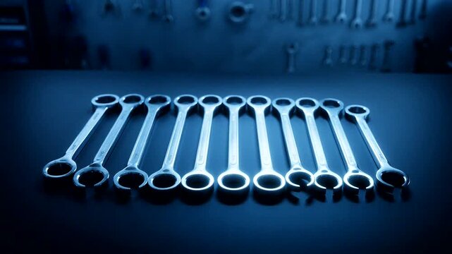 Set of metal wrenches neatly arranged on a dark surface in a workshop with blue lighting.