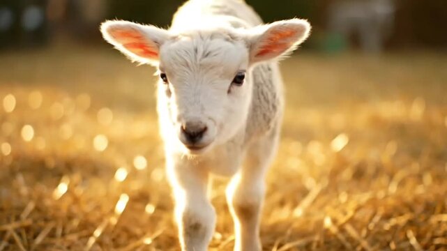 A white domestic goat with white fur and horns grazes on green grass in a rural summer meadow pasture, representing traditional livestock farming and agriculture in a natural field