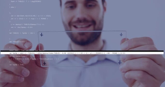 Tech dev holding pane tapping center and pinching adjusting while code glitch shifting smiling