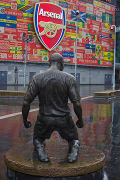 Arsenal Football Club Crest and Cannon Emblem on Stadium in London, UK.