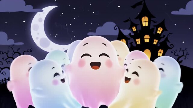 Cute Ghost Parade Under a Crescent Moon Beside a Haunted House at Night