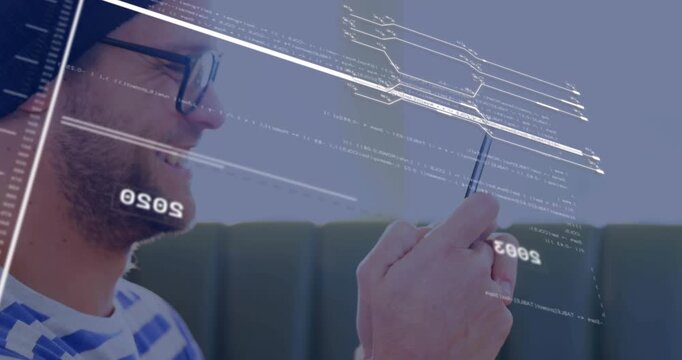 Man bringing device up and tapping to review timeline, tech HUD scanning face while smiling